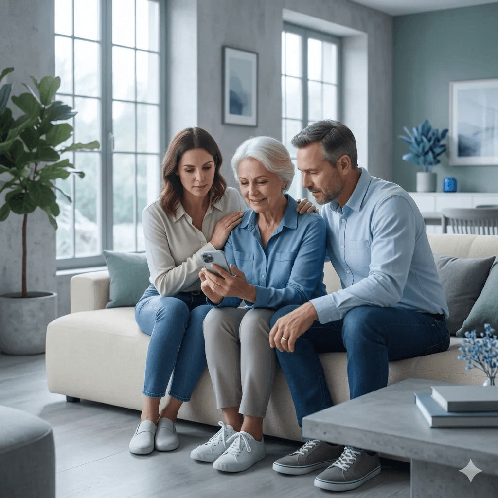 An older woman and two younger adults sit on a sofa looking at a smartphone.