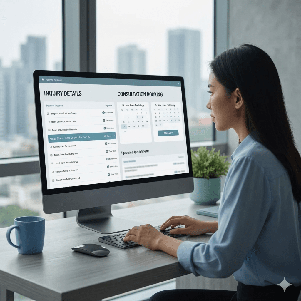Woman using a computer to manage consultation bookings and inquiries in a modern office.