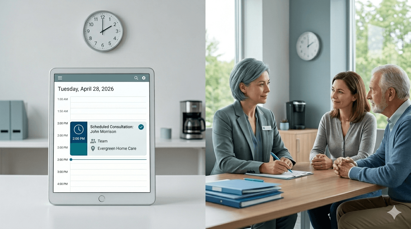 Tablet displaying a home care appointment beside a professional meeting with an elderly man.