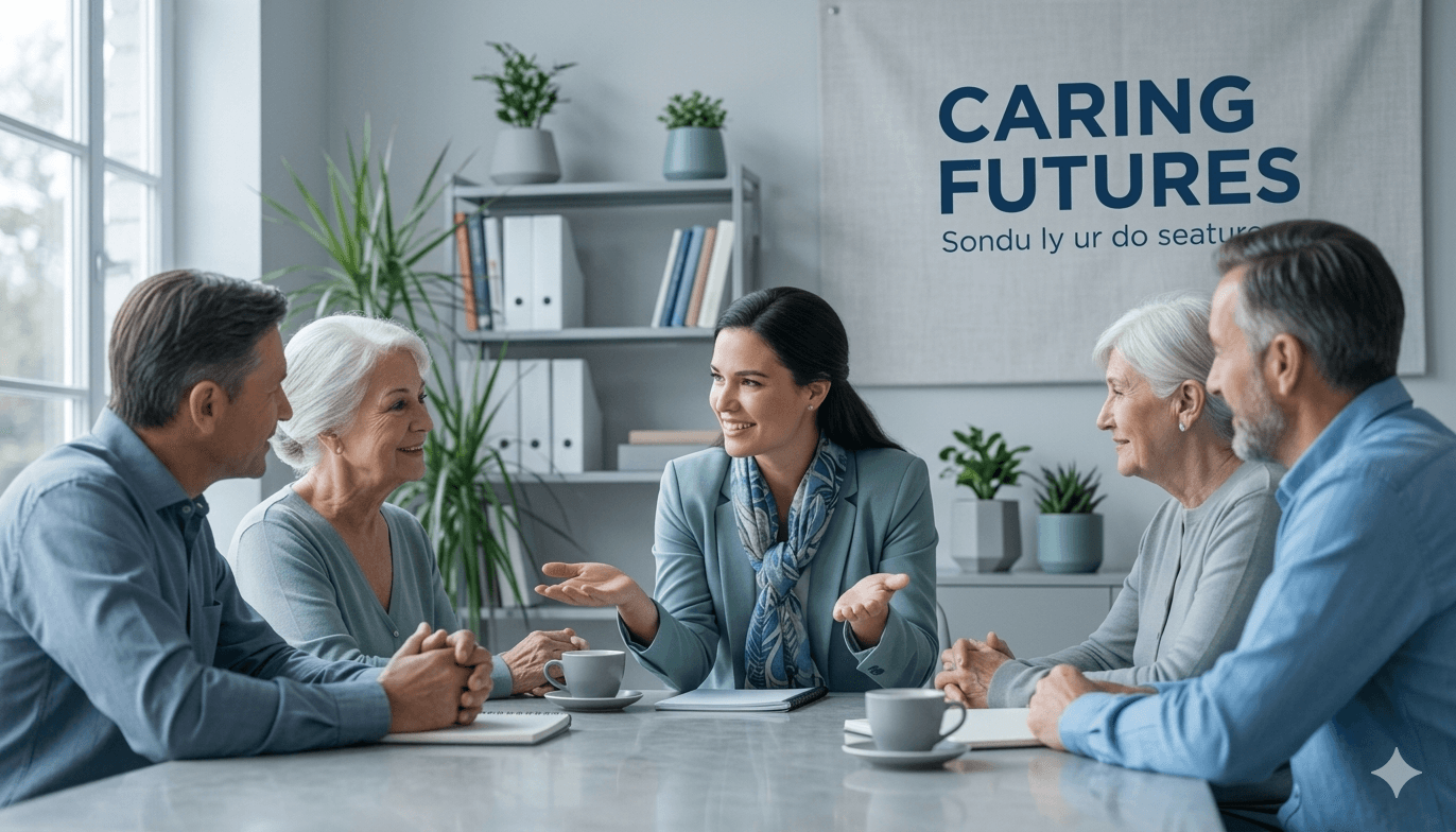 Professional woman leading a discussion with four adults in a bright office with Caring Futures.