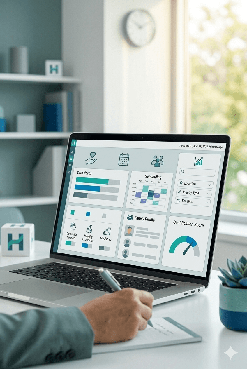 Person writing notes while viewing a healthcare management dashboard on a laptop screen.