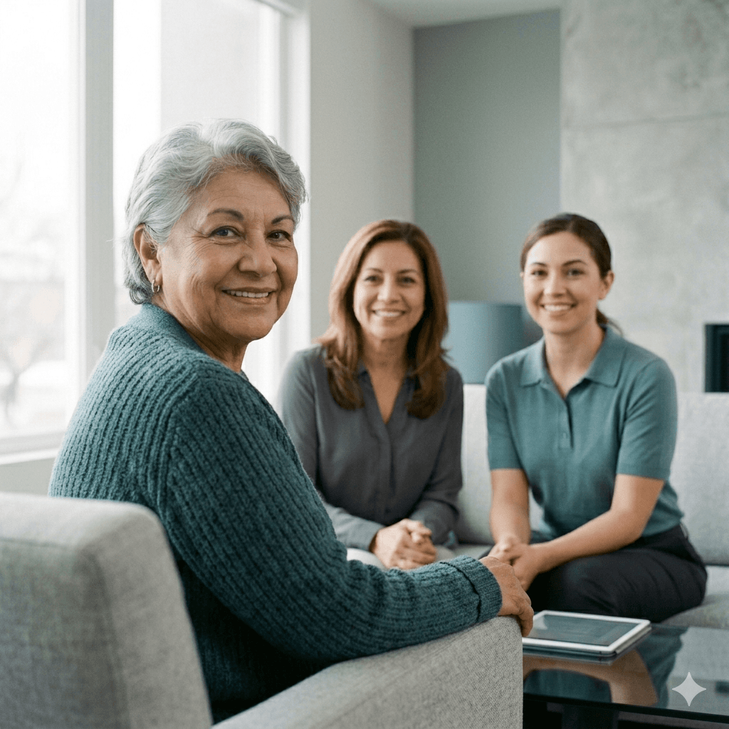 Smiling senior woman in foreground with two younger women sitting on a sofa behind her.