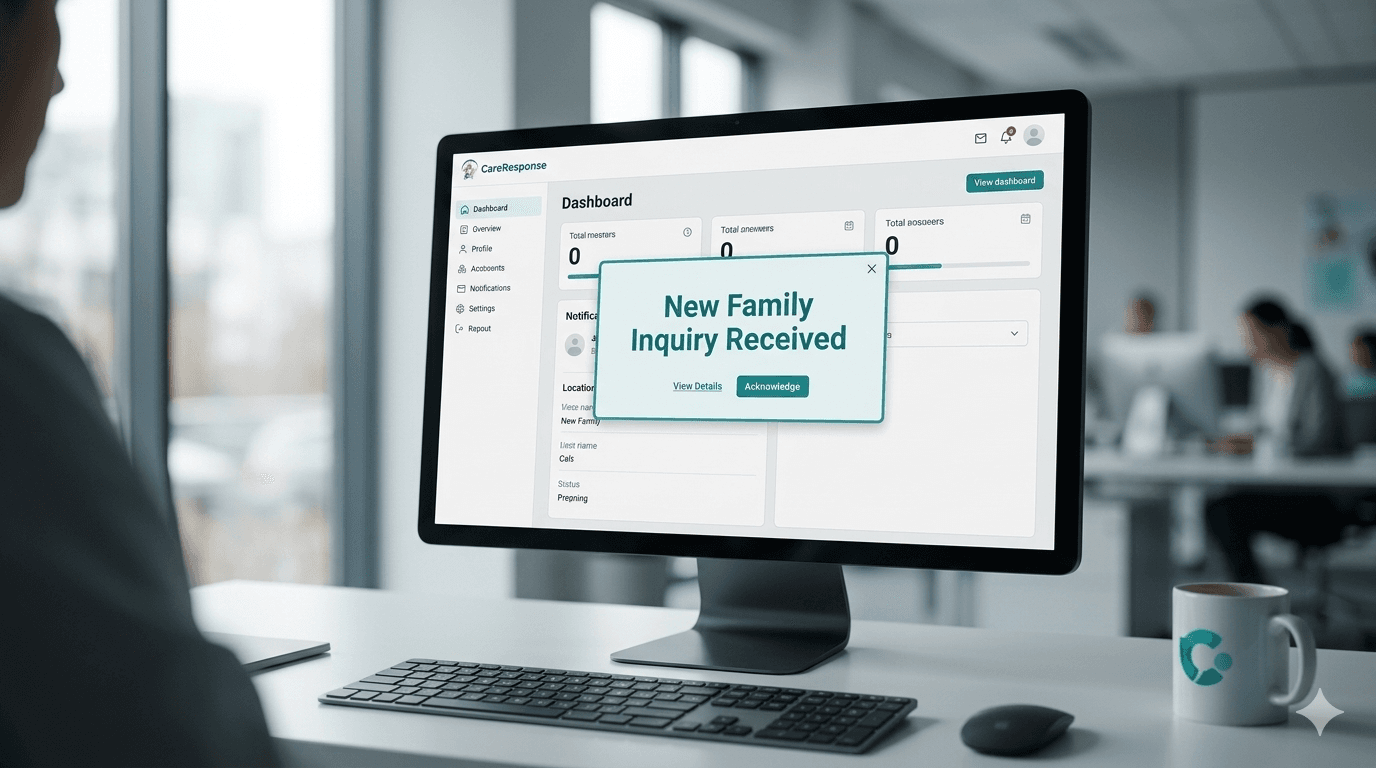 CareResponse dashboard on a computer monitor showing a New Family Inquiry Received pop-up notification.