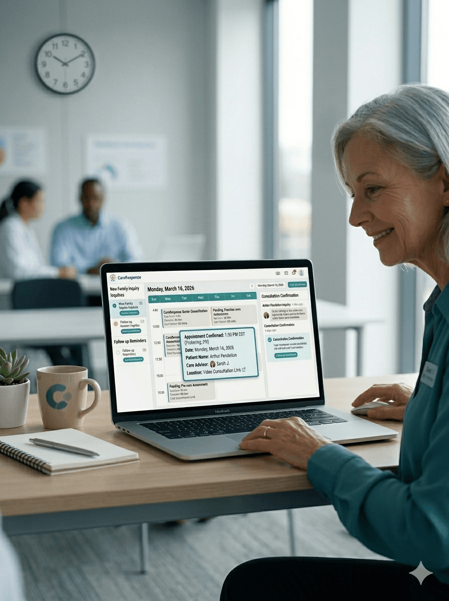 Smiling grey-haired woman uses a laptop displaying a medical appointment calendar in a bright office.