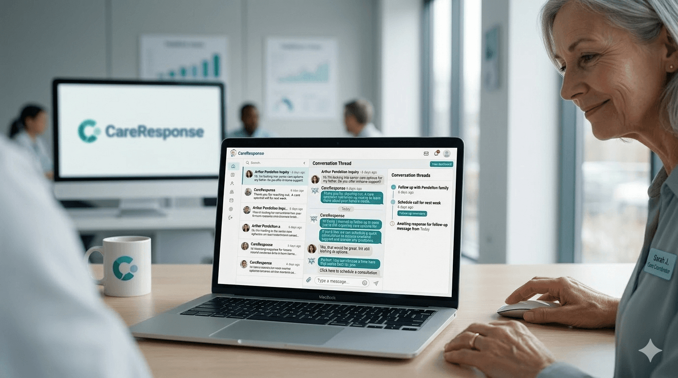 A woman uses the CareResponse messaging platform on a laptop in a professional office environment.