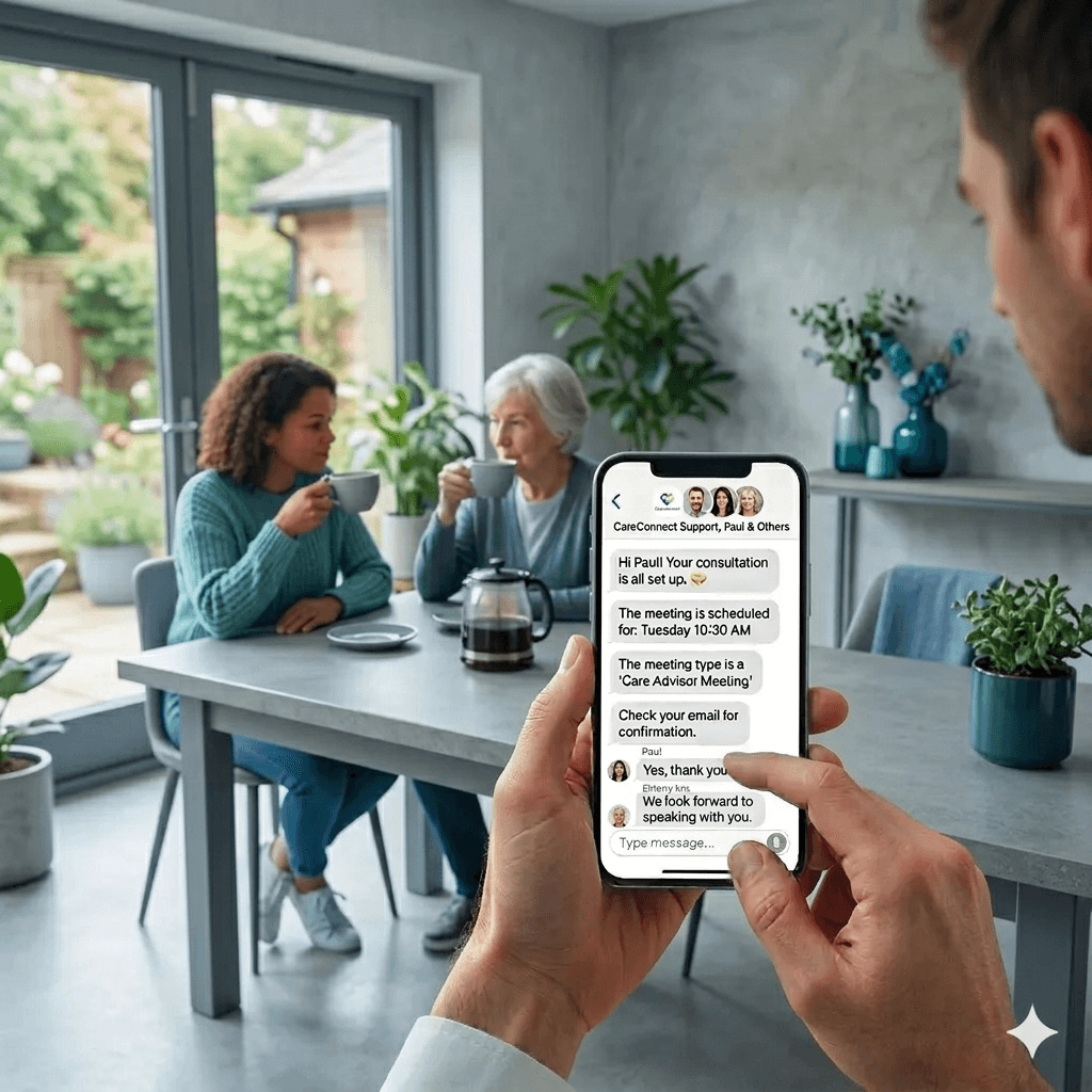 Hands holding a smartphone showing a care consultation chat with two women in the background.